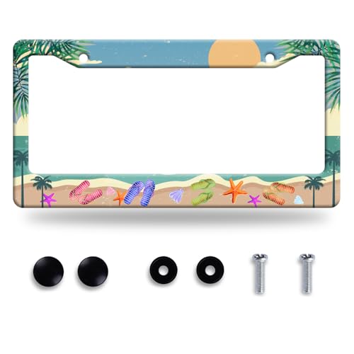 Summer Beach License Plate Frame Stainless Steel Car Accessory 6x12 Inch (Funny Summer Beach With Flip Flops)