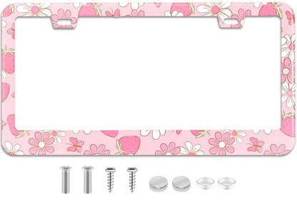 2Pcs Pink Strawberry Butterfly Floral License Plate Frame Stainless Steel License Plate Frames Holder Covers Rust (Pink Butterfly Strawberry floral)