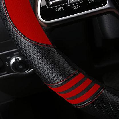 Car Steering Wheel Covers for Women Girl Padded Carbon Fiber PU Leather Cute Cartoon Auto Interior Accessories for Jeep (Red+Black / Large Size[15.2-16"](38.6-40.5cm))