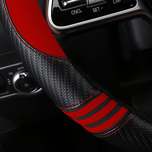 Car Steering Wheel Covers for Women Padded Carbon Fiber PU Leather Cute Auto Interior Accessories for Vehicle (Red+Black / Standard Size[14.75-15.15"](37.5-38.5cm))