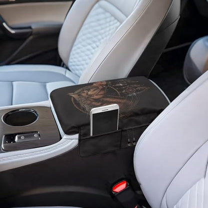 Brown Horse Dream Catcher Auto Center Console Cover Armrest Seat Box Pad Protector with Side Storage Pocket Middle Console Pad Arm Rest Protective Cover Car Interior Protection (Brown Horse Dream Catcher)