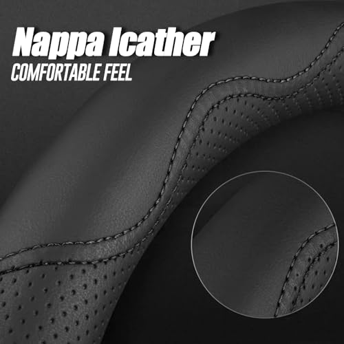 Nappa Premium Leather car Steering Wheel Cover (Black-A)