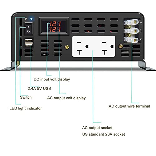 2500W Pure Sine Wave Power Inverter 12VDC to 120VAC 60HZ Dual AC Outlets 2× 2.4A USB Port&Hardwire Terminal Off (2500W12V)