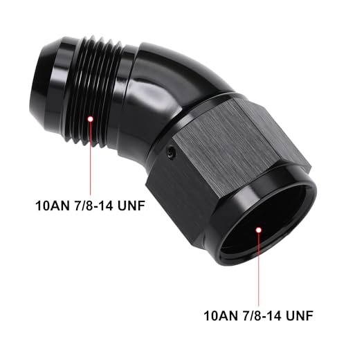45 Degree 10AN Male to 10AN Female Swivel Full Flow Fitting Adapter Coupler Aluminum Black (10AN / Black - 45 Degree)