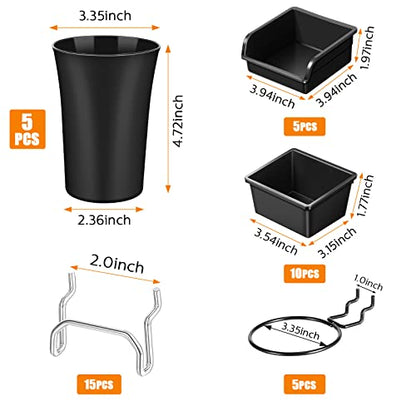 20 Pcs Pegboard Bins and Cups Accessories with Hooks (Black)