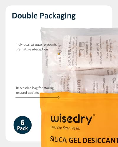 Rechargeable Silica Gel Sachets 50g [6 Packs] Food Grade Silica Gel Packets Orange to Green Indicating Desiccant Sachets Fast Reactivate Desiccant Bags for Food Medication Books (50 Grams)