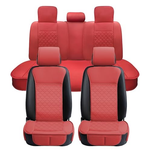 Car Seat Cover Full Set Leather Waterproof Front Rear Red (Red)