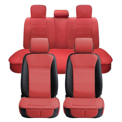 Car Seat Cover Full Set Leather Waterproof Front Rear Red (Red)
