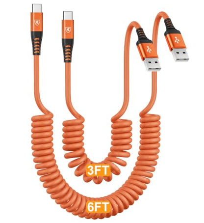Coiled USB A to USB C Cable for Car [3FT+6FT] (3FT+6FT / Orange)