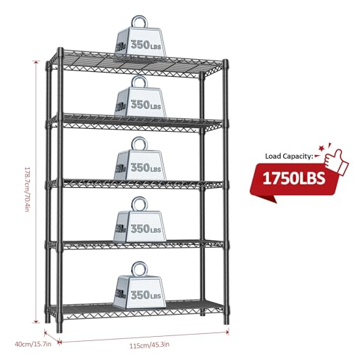 1750 LBS Garage Shelving Wide Storage Shelves Metal Shelves Heavy Duty Adjustable Utility Shelf Rack (5 Tier, 15.7" D x 45.3" W x 70.9" H / Black)