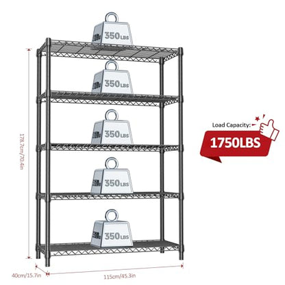1750 LBS Garage Shelving Wide Storage Shelves Metal Shelves Heavy Duty Adjustable Utility Shelf Rack (5 Tier, 15.7" D x 45.3" W x 70.9" H / Black)