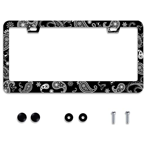 Paisley Boho Printed Stainless Steel License Plate Frame Fits US Standard (Retro Black White Paisley)