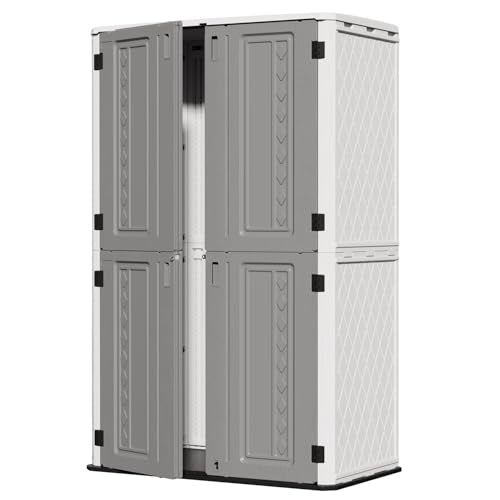 67 Cuft Vertical Outdoor Storage Shed Diamond Texture Resin Outdoor Cabinet (White & Grey-52 Cu ft)