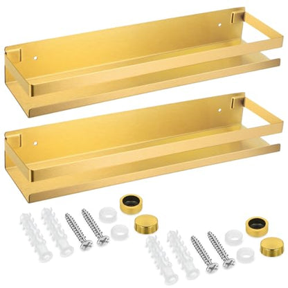 2 Pieces Stainless Steel Shelf Bathroom Shower Floating Shelves Wall Mounted Shower Caddy Basket Shelf Storage Organizer Shelves for Bathroom (15.75 Inch/ 40 cm / Gold)