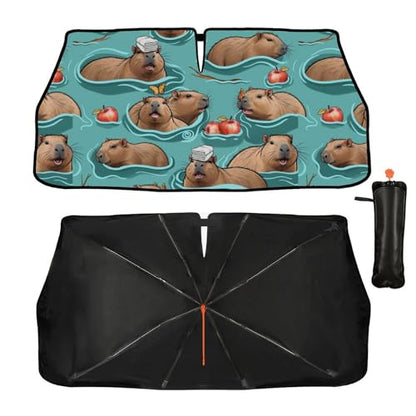Cute Capybara Print Car Sunshade Umbrella Capybaras Windshield Sun Shade for Car Retractable Umbrella Sunshades for Front Window Cute Sun Shades Cover Visor Portector Block UV Rays (One Size / Style15)
