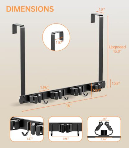 Broom Holder Over The Door with Hooks (Black)