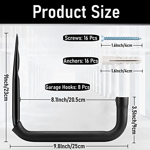 8 Pack Ladder Hooks 9.8Inch Garage Storage Utility Hook Heavy Duty Wall Mounted Storage Organizer Hanging Folding Chair Bike Ski Tool (9.8Inch, Pack of 8)