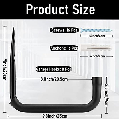 8 Pack Ladder Hooks 9.8Inch Garage Storage Utility Hook Heavy Duty Wall Mounted Storage Organizer Hanging Folding Chair Bike Ski Tool (9.8Inch, Pack of 8)