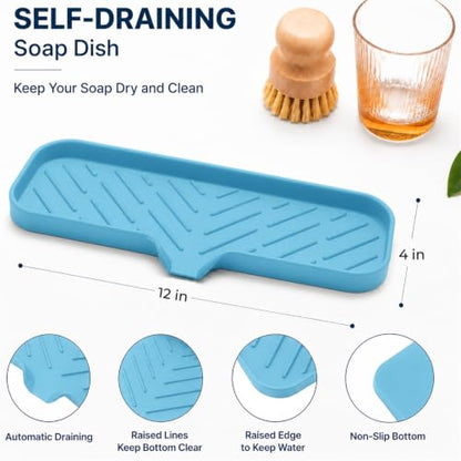 Silicone Soap Dish with Drain Spout (Light Blue / L(12"×4"))