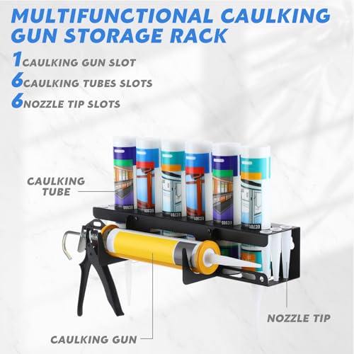 2 Pack Caulking Tube and Gun Holder 6 Slot 16.3 x 6.1 x 3.4 inch Caulking Gun Storage Rack with Horizontally Base Sealant Organizer for Garage Workshop Work Van Wall Mounted Tubes and Nozzle (6 Slots)