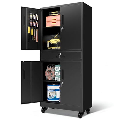 Metal Storage Cabinet for Garage (Black / L - 4 Doors & 1 Drawers (Wheeled))