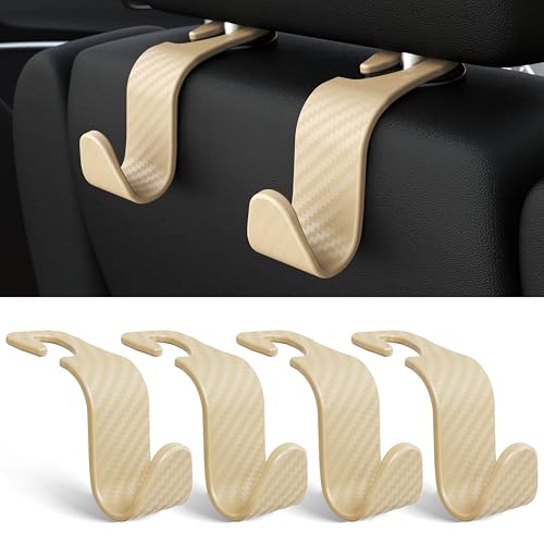 4 Pack Car Headrest Hooks Holds 55lbs Seat Storage Organizer for Bags (L-Beige Check)