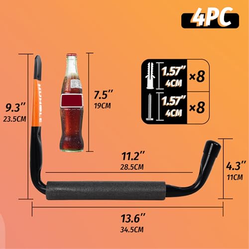 4 Pack 13.6 Inch Jumbo Garage Storage Hooks (13.6" Ski Board Hanger)