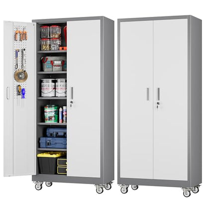 Metal Garage Cabinet with Wheels and Pegboard 71'' x 32'' x 16'' (Grey&white / 16"D x 32"W x 71"H)