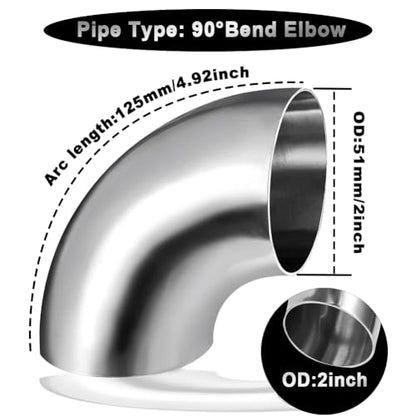Cotonake OD 2 Inch 90 Degree SS304 Stainless Steel Bend Tube Exhaust Elbow Pipe for Car Modified Exhaust System 2" Piping Silver Tone (2")