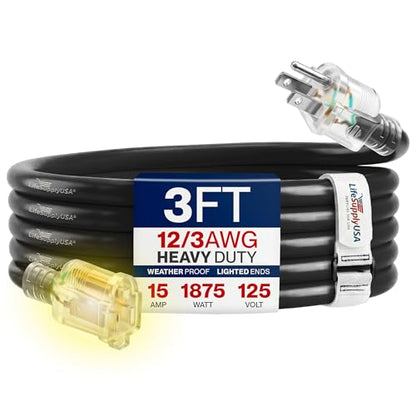 3ft Outdoor Indoor Extension Cord 12 (3 FT / 12AWG / Black)