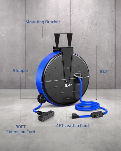 Retractable Extension Cord Reel (Black/Blue--blue Cord)