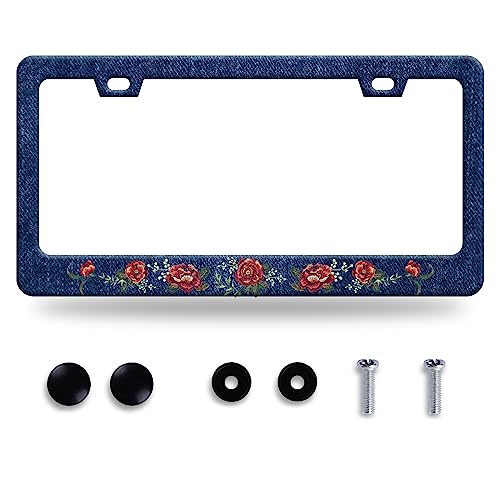 Blue Flower Jean License Plate Frame Stainless Steel Car Accessory 6.3x12.3 (Flower Blue Jean Design)