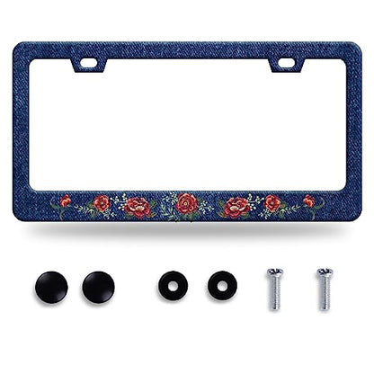 Blue Flower Jean License Plate Frame Stainless Steel Car Accessory 6.3x12.3 (Flower Blue Jean Design)