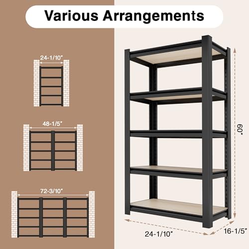 5 Tier Black Shelving with Board (Black / 24.1"W x 16.2"D x 60"H)