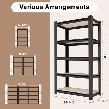 5 Tier Black Shelving with Board (Black / 24.1"W x 16.2"D x 60"H)