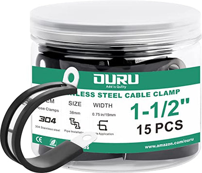 1-1/2 Inch Cable Clamps, Rubber Coated Insulated Clamps, 15pcs, 38mm (15pcs - 1-1/2")