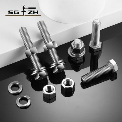 1/4-20 x 2 Hex Head Screw Bolt, Nuts, Flat & Lock Washers, 10Pcs 18-8 (304) Stainless Steel, Fully Threaded, by SG TZH (1/4-20 x 2" / Silver)