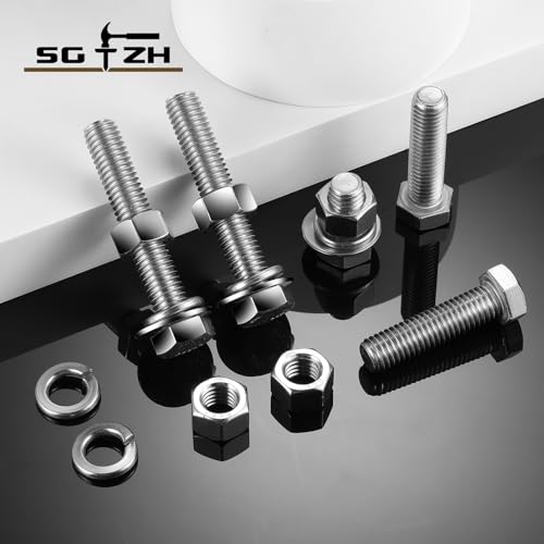 3/8-16 x 1-1/4" Hex Head Screw Bolt, Nuts, Flat & Lock Washers, 20Pcs 18-8 (304) Stainless Steel, Fully Threaded, by SG TZH (3/8-16 x 1-1/4" / Silver)