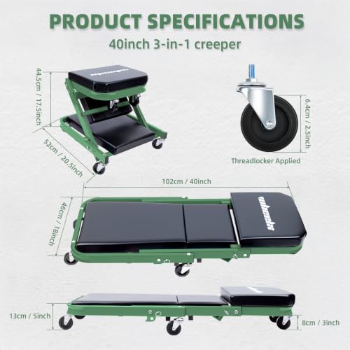 40-Inch 3-in-1 Mechanic Creeper Z Seat, 480 lbs Capacity, Green (Green)
