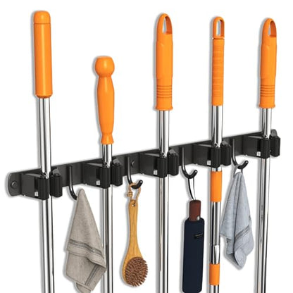 2 Pack Mop and Broom Holder Wall Mount for Kitchen Garden Garage Laundry (Black / 2 Pack 5 Racks with 4 Hooks)