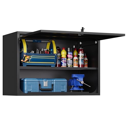Metal Wall Storage Cabinet Adjustable Shelf 22'' Tall Steel Garage Wall Mounted Cabinet Lockable Floating Garage Storage Shop Trailer Tool Assembly Required (Black / 22" Tall)