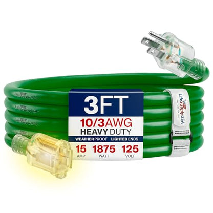 3ft Outdoor Indoor Extension Cord 10 (3 FT / 10AWG / Green)