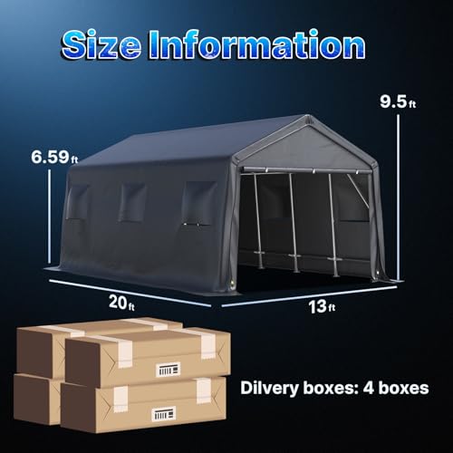 13x20 ft Carport 2 Roll up Doors & Vents Outdoor Portable Storage Shelter Garage Tent for Vehicle Boat Truck Anti (Dark Gray / 13'x20')
