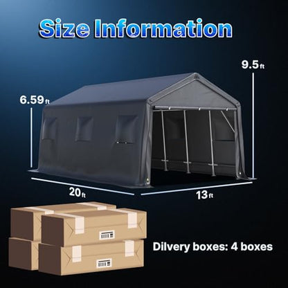 13x20 ft Carport 2 Roll up Doors & Vents Outdoor Portable Storage Shelter Garage Tent for Vehicle Boat Truck Anti (Dark Gray / 13'x20')