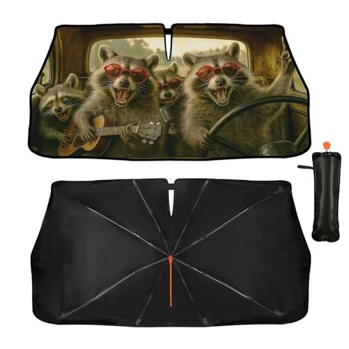 Funny Raccoon Car Windshield Sun Shade Umbrella Bendable Handle Foldable Animal Print Sunshade for Car Windshield Block UV Rays Keep Vehicle Cool for Most Sedans SUV Trucks Cars 57"x30" (147*75cm,33*11cm / Funny Raccoon)