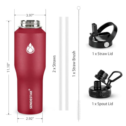 32oz Water Bottle Wide Mouth Stainless Steel Vacuum Insulated Double Wall with Straw Lids Fit in Any Car Cup Holder (Red / 32 Ounces)