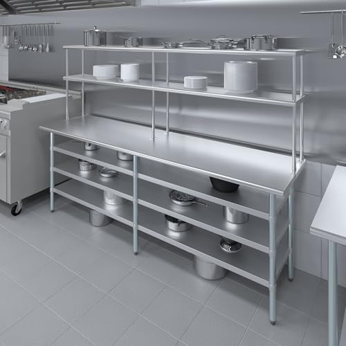 24" x 60" Stainless Steel Work Table with 3 Shelves and 12" Wide Double Tier Overshelf (24" x 60" Table with 3 Shelves + 12" Overshelf)