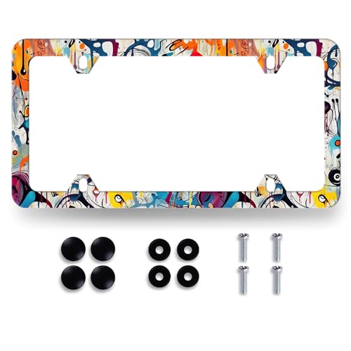 Stainless Steel Abstract Graffiti License Plate Frame 12.3 x 6.3 Inch (Abstract Colorful Graffiti Pattern)