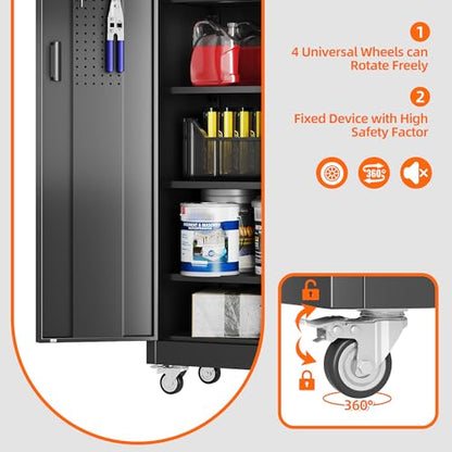 71" Metal Garage Storage Cabinet with Wheels (Black / 16"D x 32"W x 71"H)