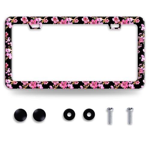 Cherry Blossom Flower Stainless Steel License Plate Frame for US Cars Decor (Cherry Blossom)